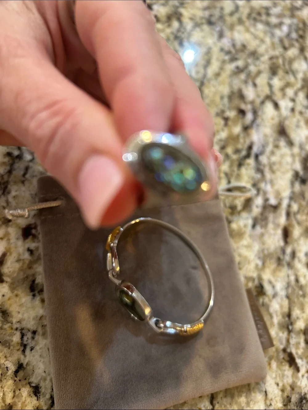 Vintage Avon SilverTone Abalone Bracelet & Matching Ring Iridescent Green/Purple